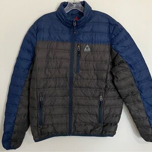 Gerry Jacket Mens Medium Blue Gray Down Puffer Hoodie Fill Power 650 Ski Winte